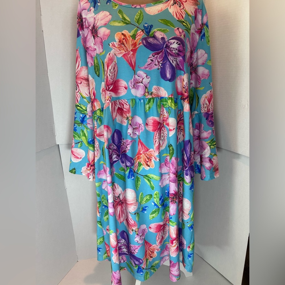 Floral Swing Dress in Turquoise with Pink & Purple Blooms